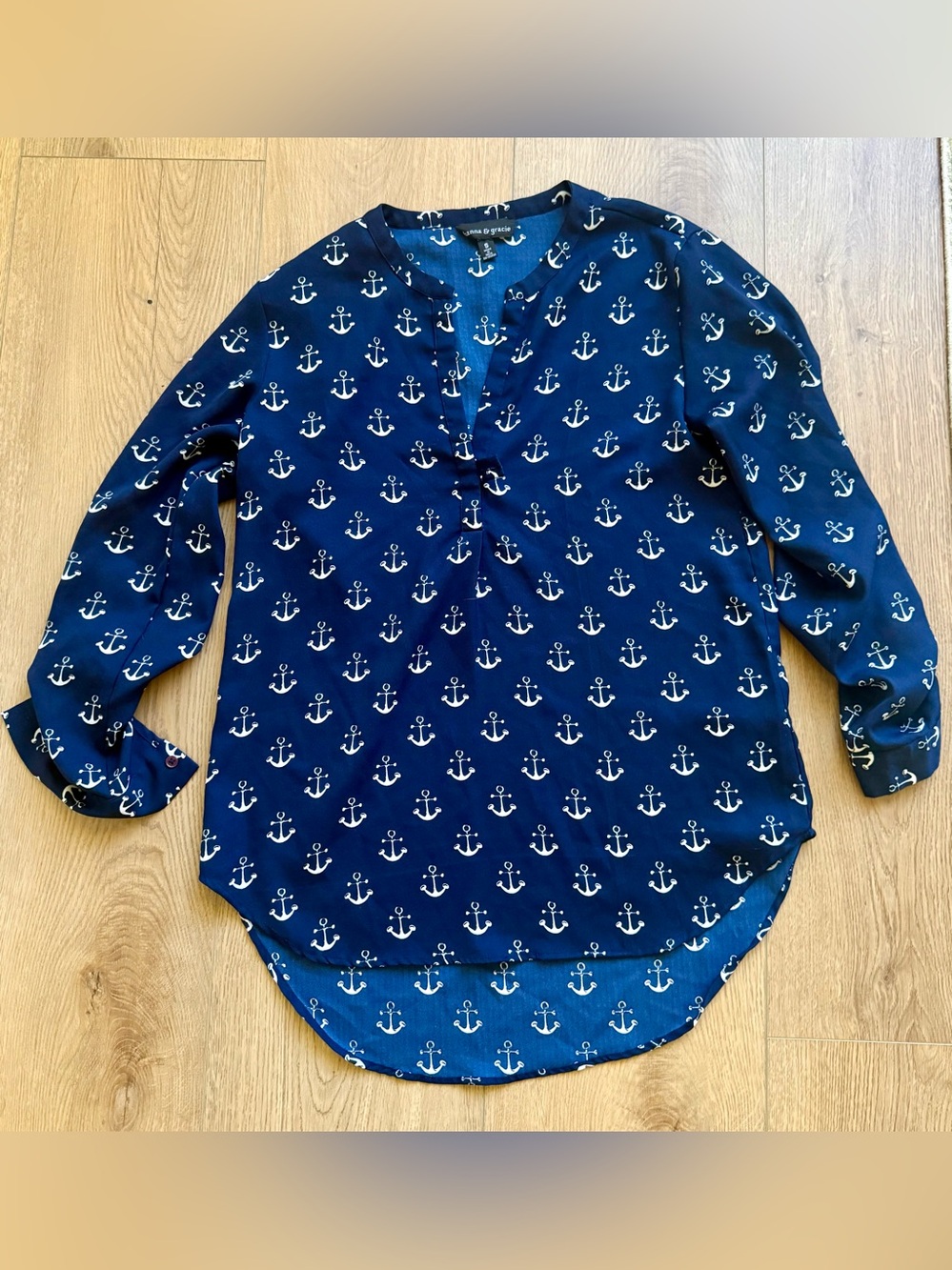 HANNA & GRACIE Navy Blue Anchor Print Top Blouse SZ S Resort Cruise Vacation